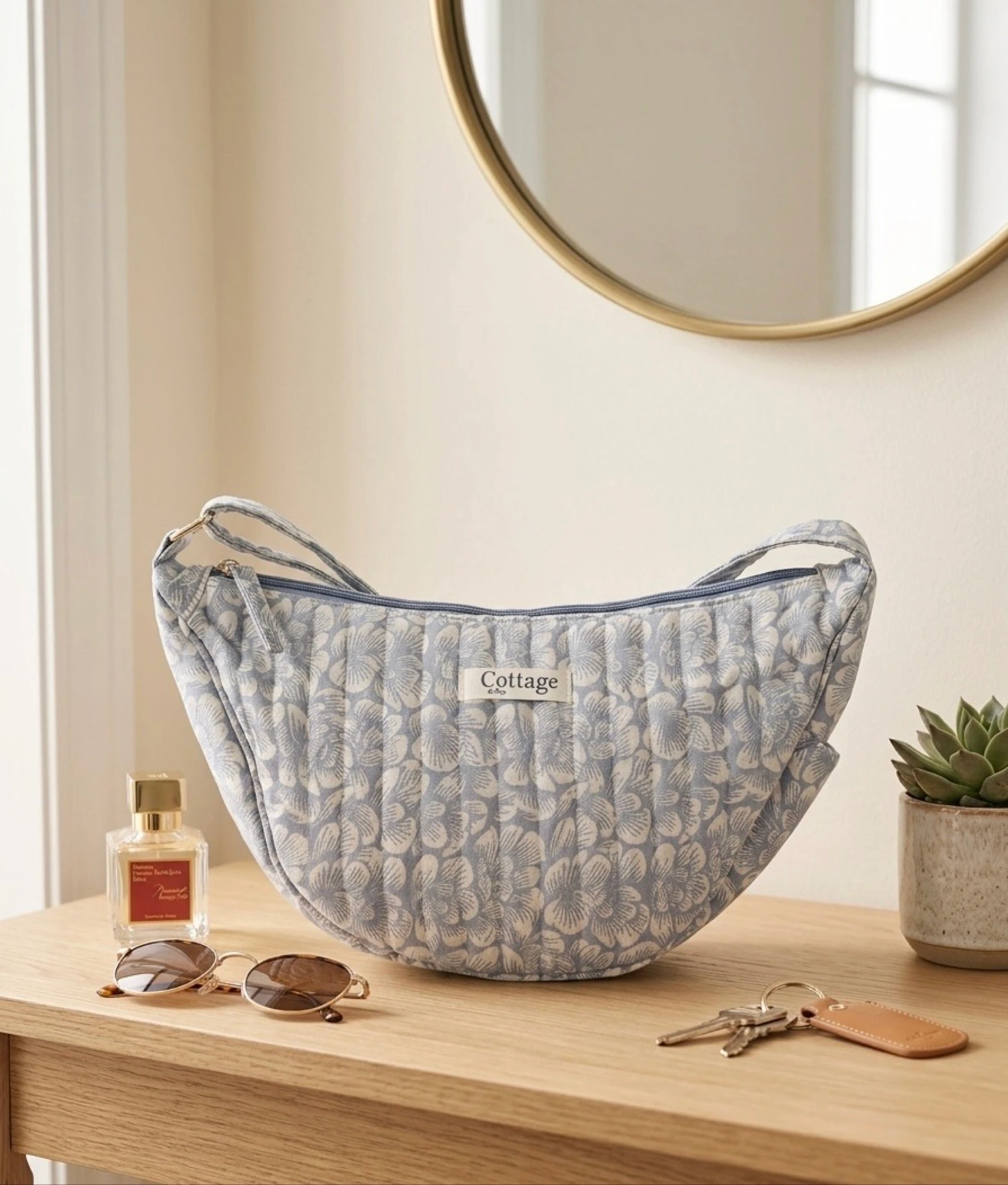 Sac Lune 100% Coton Matelassé Collection Cottage & Bag / Modèle Grandes Fleurs Bleu